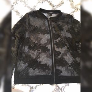 Torrid : BLACK EMBROIDERED MESH BOMBER JACKET